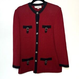 St John Cardigan Sweater 6 Red Black Santana Knit Preppy Holiday Career VTG Y2K
